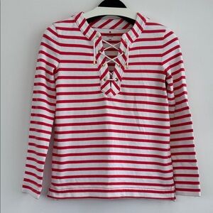 kate spade Pink and White V-Neck Lace-Up Long Sleeve Top XXS 100% Cotton